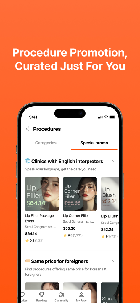 UNNI app screen showing special cosmetic procedure deals and clinics with English interpreters