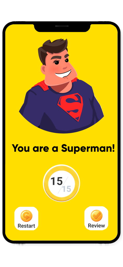 Countries and Capitals Quiz - A mobile app screen showing a perfect 15 out of 15 score on a geography quiz with a cartoon superman character