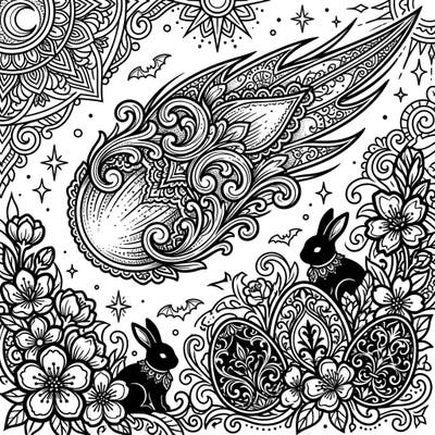 Embark on an extraordinary coloring journey with this Gothic Easter Comet design. This unique template blends celestial mystery with dark Easter charm, offering intricate details for a captivating artistic escape.