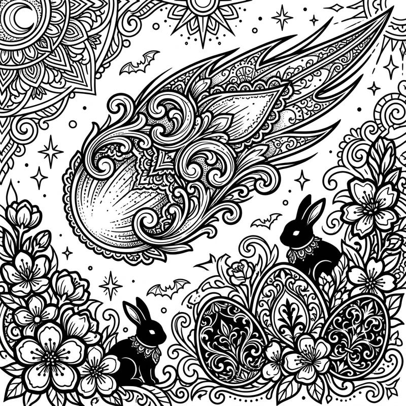 Embark on an extraordinary coloring journey with this Gothic Easter Comet design. This unique template blends celestial mystery with dark Easter charm, offering intricate details for a captivating artistic escape.