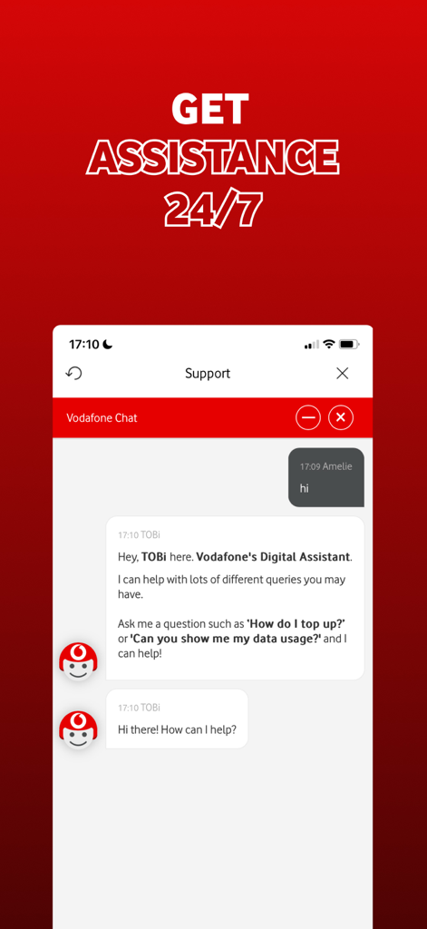 My Vodafone Ireland app interface showing TOBi digital assistant for 24/7 support chat