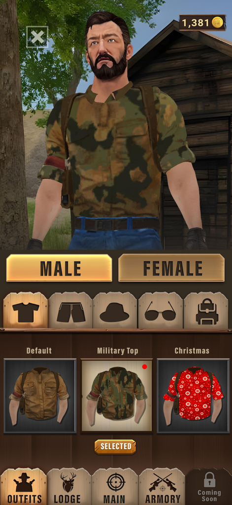 Character customization screen showing a male hunter selecting a military camouflage outfit in Animal Shooter Wild Hunt
