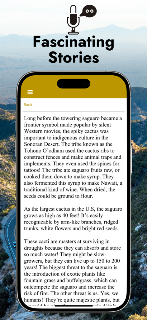 Mount Lemmon GPS Audio Tour - Smartphone screen showing historical stories about Saguaro cacti and the Tohono Oodham people on the Mount Lemmon audio tour app
