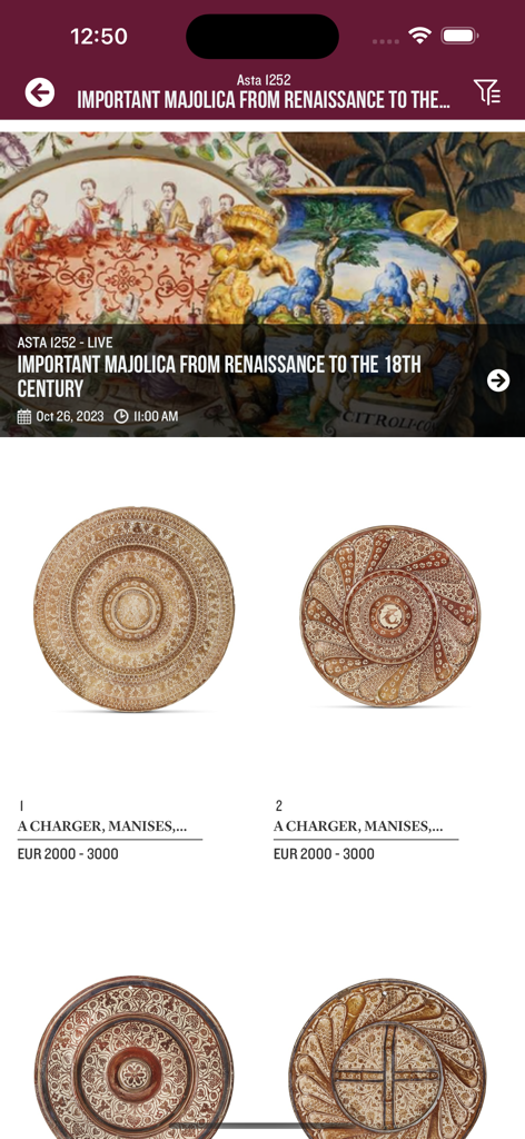 Pandolfini Live - Antique majolica ceramic chargers listed in the Pandolfini Live auction catalog