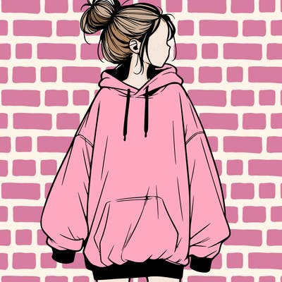 realistic girl with a oversized sweatshirt on and a bun