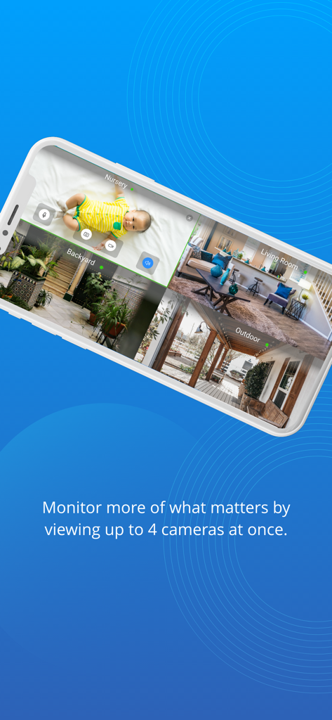 Interfaz de la aplicación Motorola by Hubble Connected que muestra cuatro transmisiones de cámaras simultáneamente en un smartphone