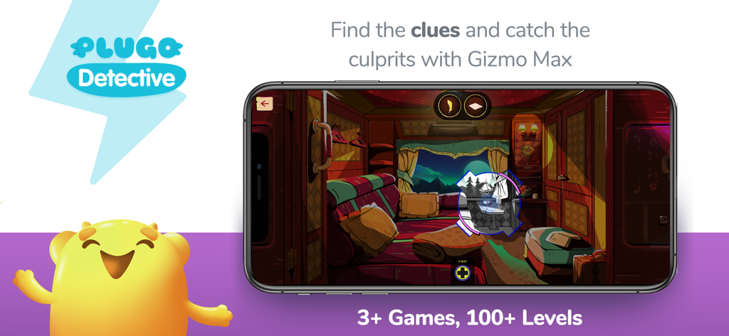 Smartphone affichant un jeu de mystère de détective de l'application Plugo par PlayShifu avec le personnage Gizmo Max