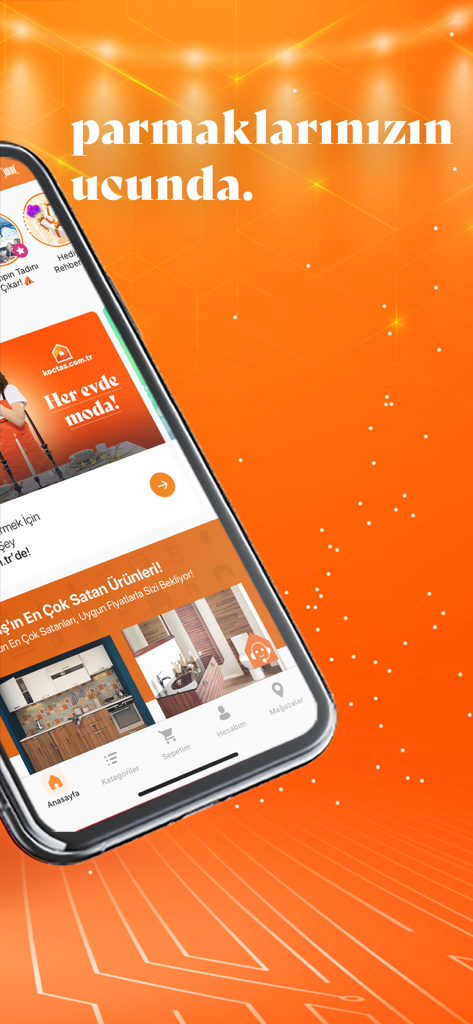 Koçtaş - Koctas mobile app home screen displaying furniture and home decoration categories on a smartphone with an orange background