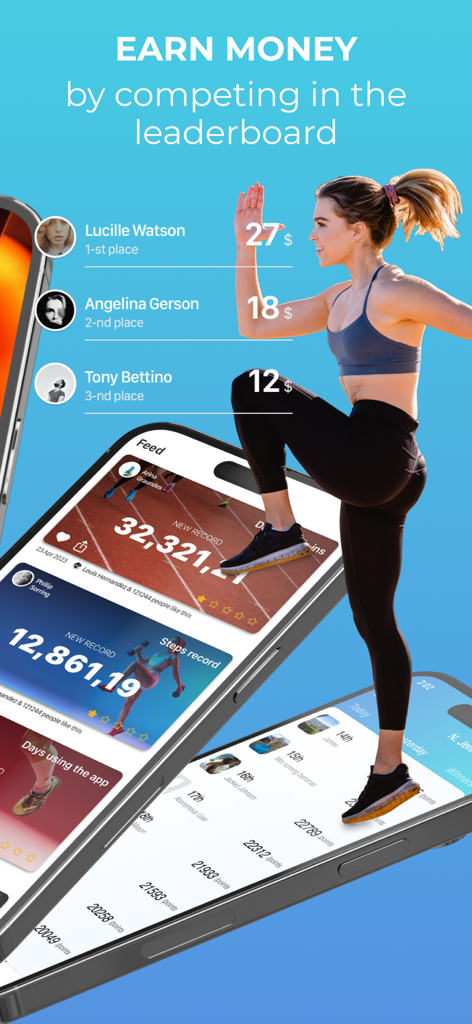 Leaderboard in Cash for Steps app showing cash rewards for top users.