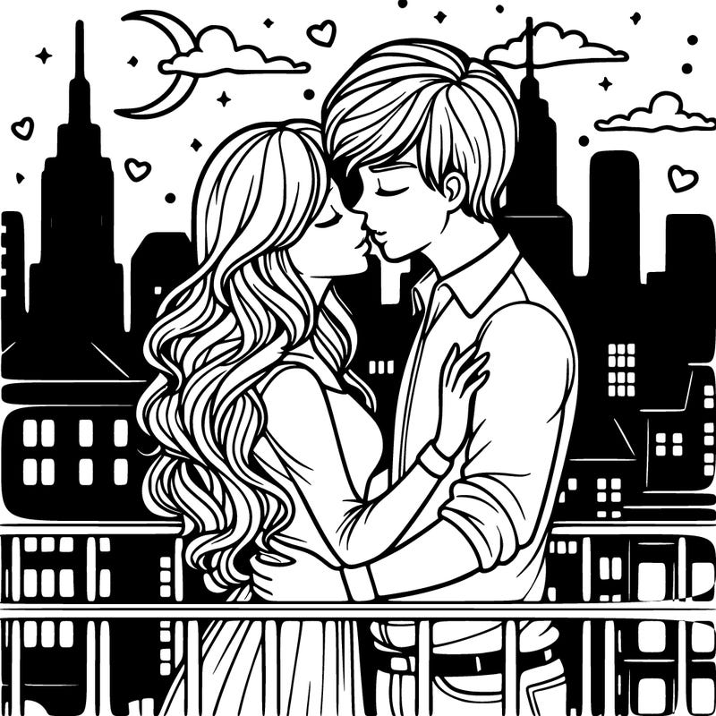a couple kissing on a balcony with the city in the evening background