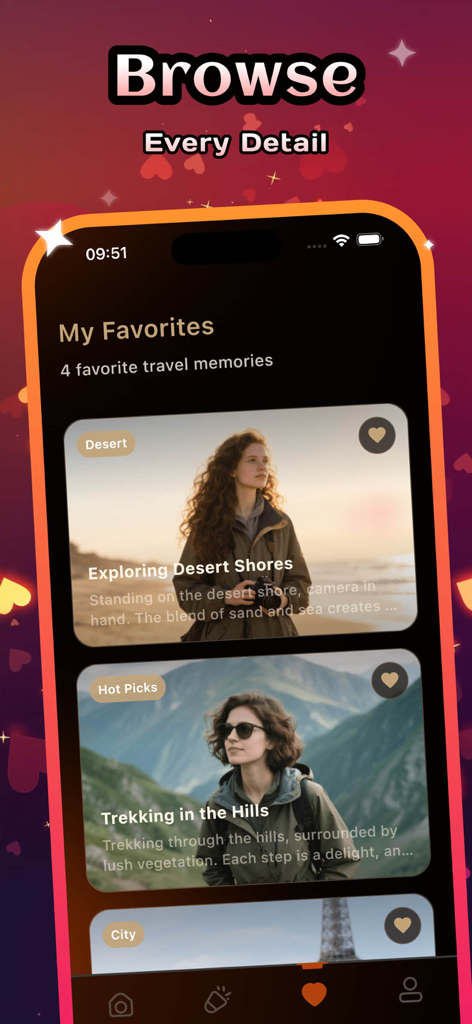 Meci - A screenshot of the Meci app displaying a curated list of favorite travel memories with photos and AI-generated text descriptions.