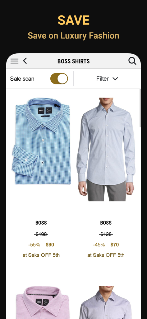 Luxury Brands Search｜CHERCHER - Interface mobile de l'application CHERCHER présentant des chemises BOSS avec des réductions de luxe.
