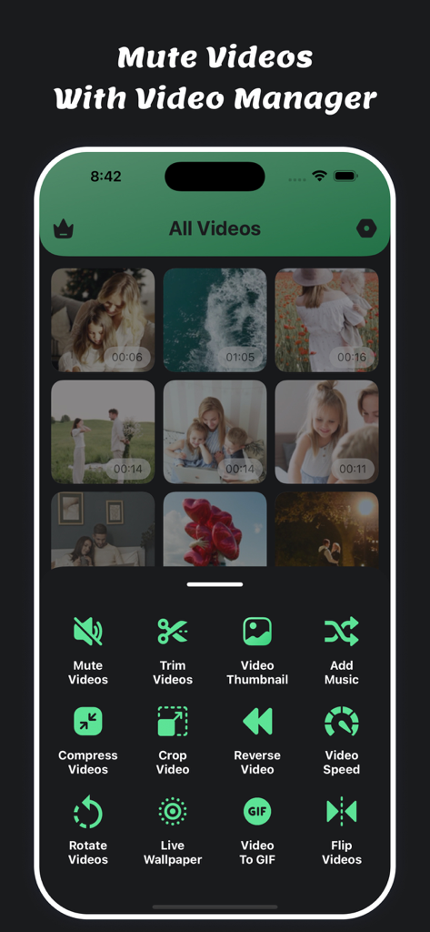 Mute Video : Remove Sounds - Oberfläche der Mute Video App, die eine Videogalerie und Bearbeitungsoptionen wie Stummschalten und Schneiden anzeigt