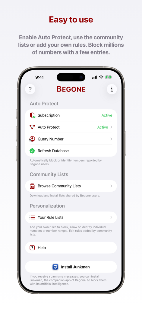 The main dashboard of Begone app showing Auto Protect and Community Lists features