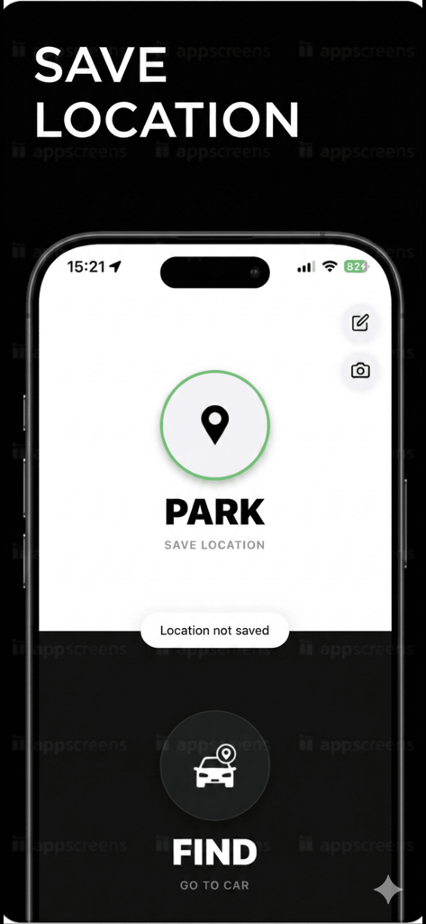 내 차 찾기 앱 인터페이스는 주차 위치를 저장하고 돌아가는 길을 찾는 원클릭 '주차' 및 '찾기' 버튼을 보여줍니다.