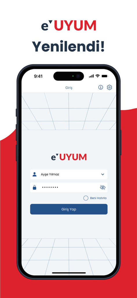 Écran de connexion de l'application mobile e-Uyum pour la gestion financière des entreprises