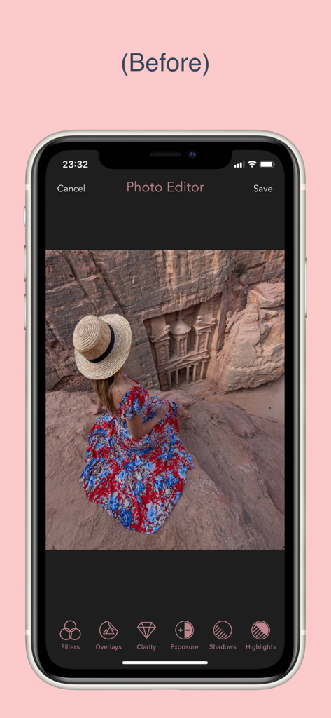 @izkiz - Screenshot of the @izkiz app photo editor interface showing a woman in a floral dress overlooking the Treasury in Petra before editing.