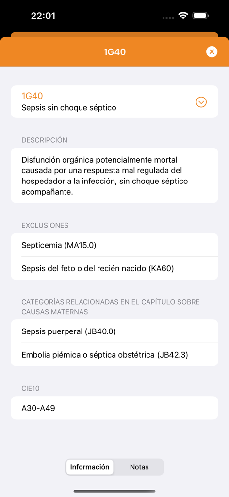 Información médica detallada del código de sepsis 1G40 en la aplicación CIE-11 en español