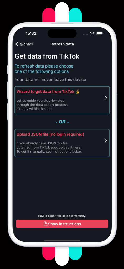 Interface showing options to import TikTok data using a setup wizard or by uploading a JSON file without a login