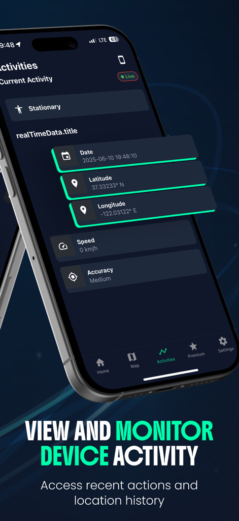 Pantalla de actividad de la aplicación GPS Tracker mostrando coordenadas en tiempo real y estado de movimiento.