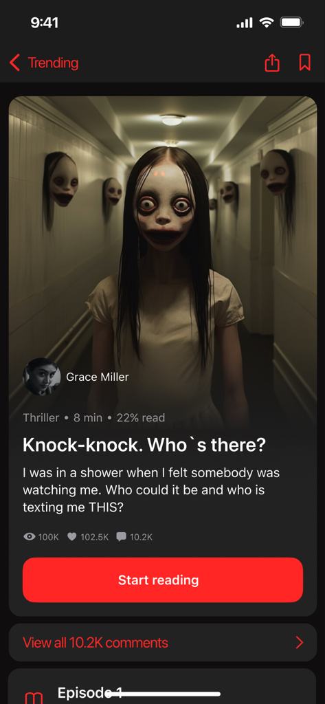 A mobile app screen for a thriller chat story titled Knock-knock Who's there with a creepy horror visual and engagement stats.