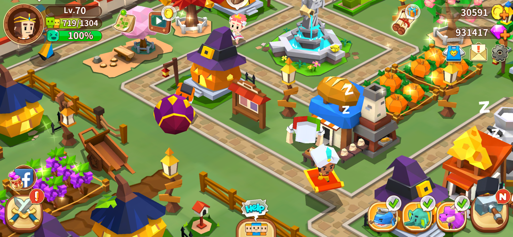 Vista isométrica vibrante de FantasyTown mostrando edificios decorados, cultivos de calabaza y un personaje en una alfombra voladora