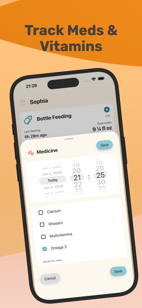 Baby Feeding Tracker NooraBaby - Noora Babyアプリのインターフェース。時間選択とチェックリストを備えた薬とビタミンの記録機能を表示しています。