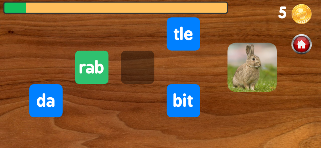 Writing with syllables - Juego interactivo de ortografía de sílabas para niños que muestra la palabra conejo.