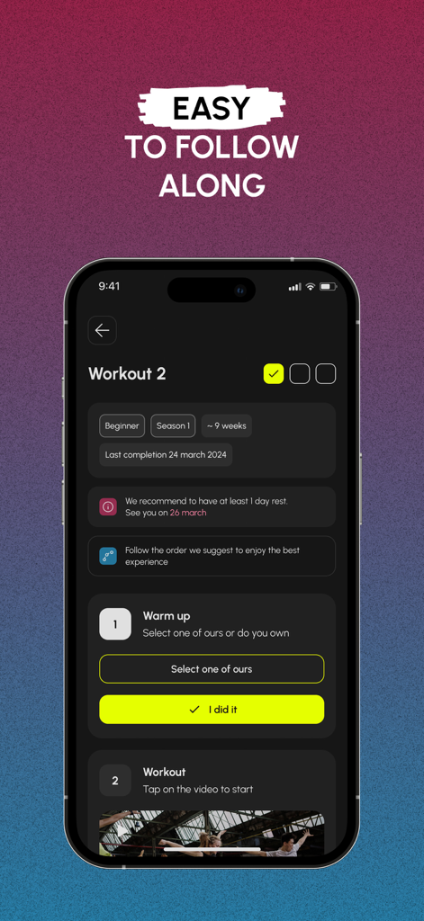 HIIT the Beat - HIIT the Beat app interface showing an easy to follow workout plan with warm-up and exercise sections