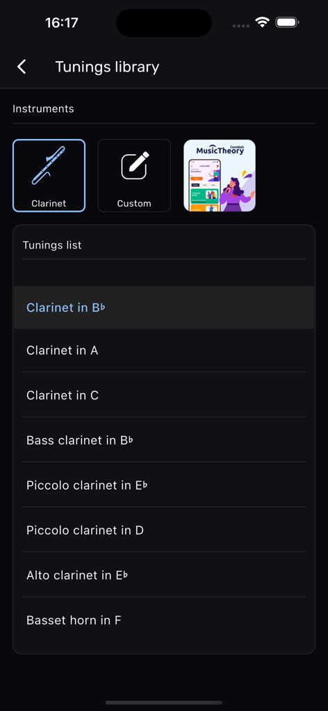 Clarinet Tuner – XTuner PRO - Clarinet Tuner XTuner PRO app screen displaying the library of tuning options for various clarinet instruments