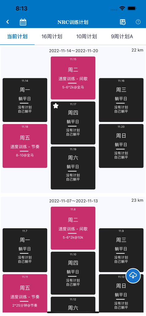 Pacer - Pacer app interface displaying a detailed weekly marathon training schedule with speed and tempo workouts