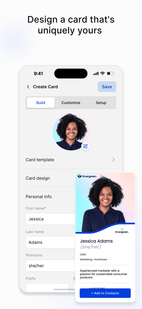 Uniqode: Digital Business Card - User interface of the Uniqode app showing the design process for a personalized digital business card.