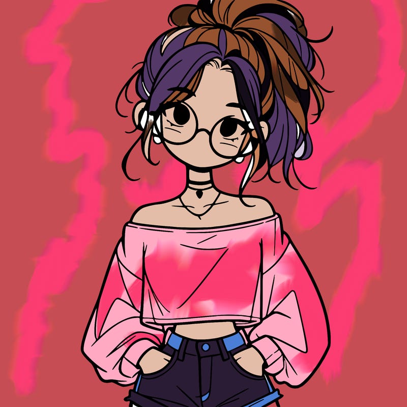 girl with a messy ponytail glasses a baggy crop top and jean shorts