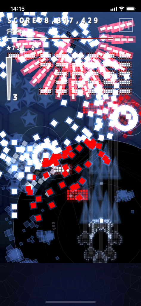 .Decluster Zero - Gameplay screen of .Decluster Zero featuring intense white and red pixel bullet patterns and abstract neo-retro graphics