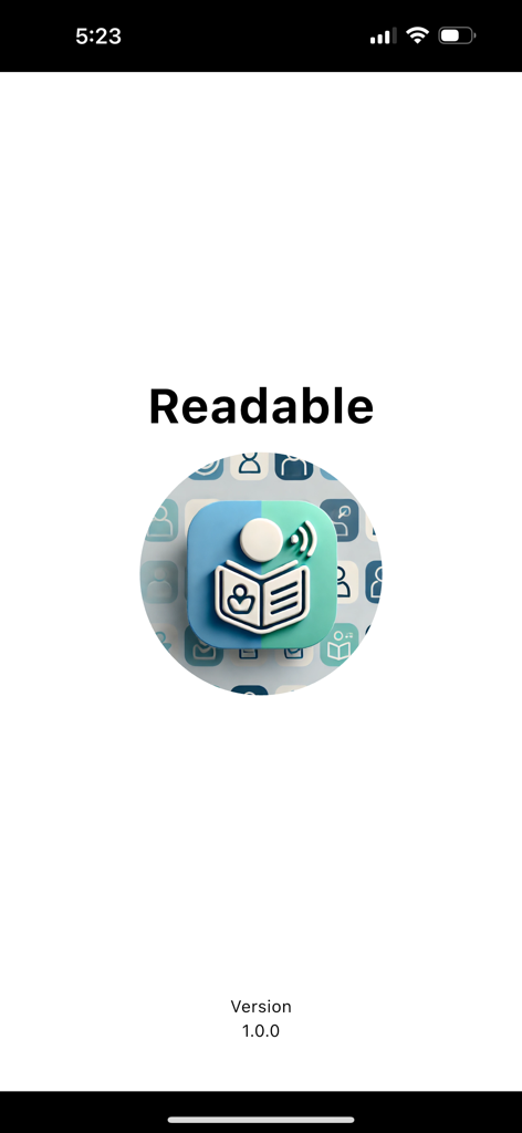 La pantalla de inicio del Asistente de Lectura con IA ReadAble mostrando el logo de la aplicación y el número de versión