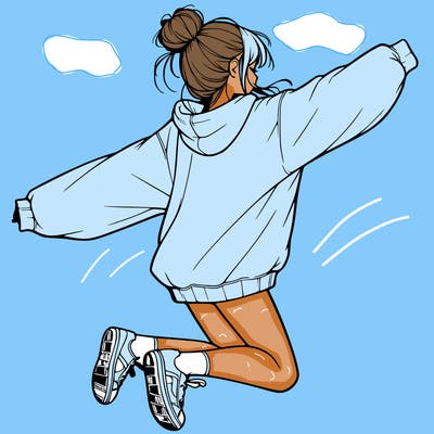 realistic girl jumping with a bun and oversized sweatshirt