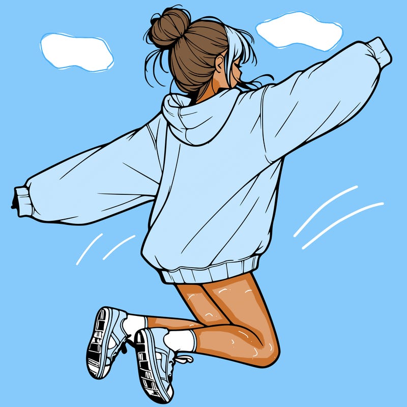 realistic girl jumping with a bun and oversized sweatshirt