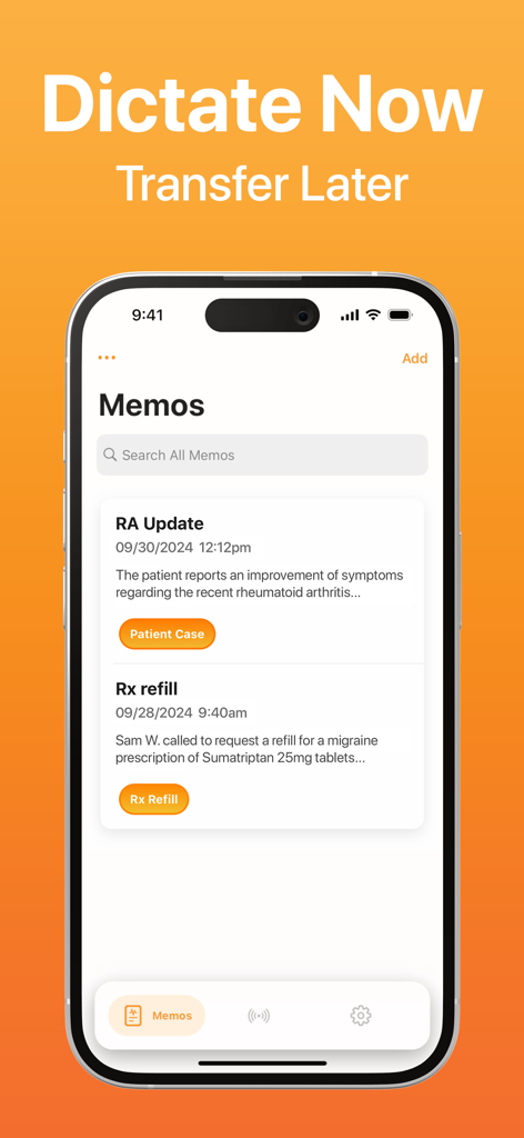 Conveyor AI - EMR Dictation - Smartphone screen showing medical dictation memos in the Conveyor AI app with a headline stating Dictate Now Transfer Later.