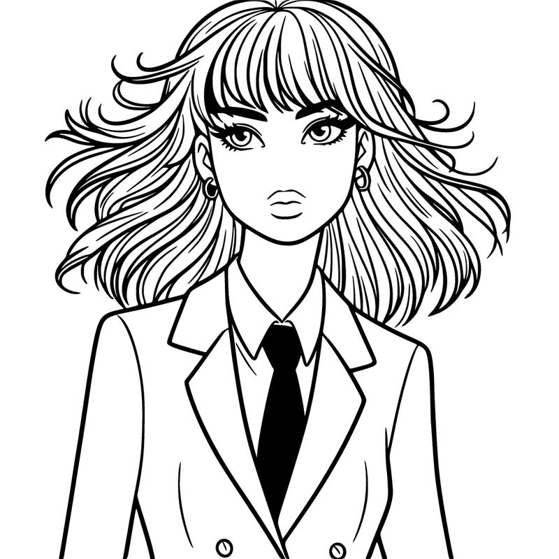 woman in a suit with bangs and hair blowing in the wind