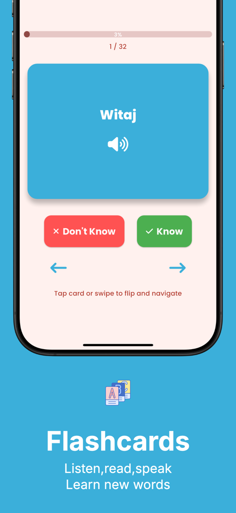 Learn Polish For Beginners - Flashcard interface in the Learn Polish For Beginners app showing the word Witaj with audio and progress tracking
