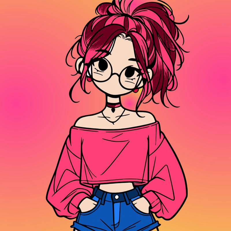 girl with a messy ponytail glasses a baggy crop top and jean shorts