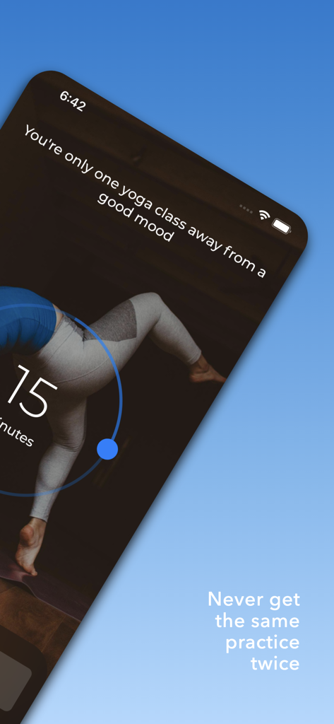 Smartphone screen of Down Dog yoga app showing a 15 minute workout session and a person in a yoga pose