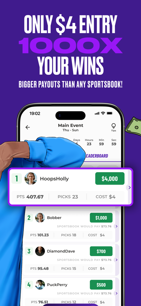 Wanna Parlay - Fantasy Sports - Wanna Parlay app leaderboard showing sports fans winning up to 1000x their money on four dollar entries