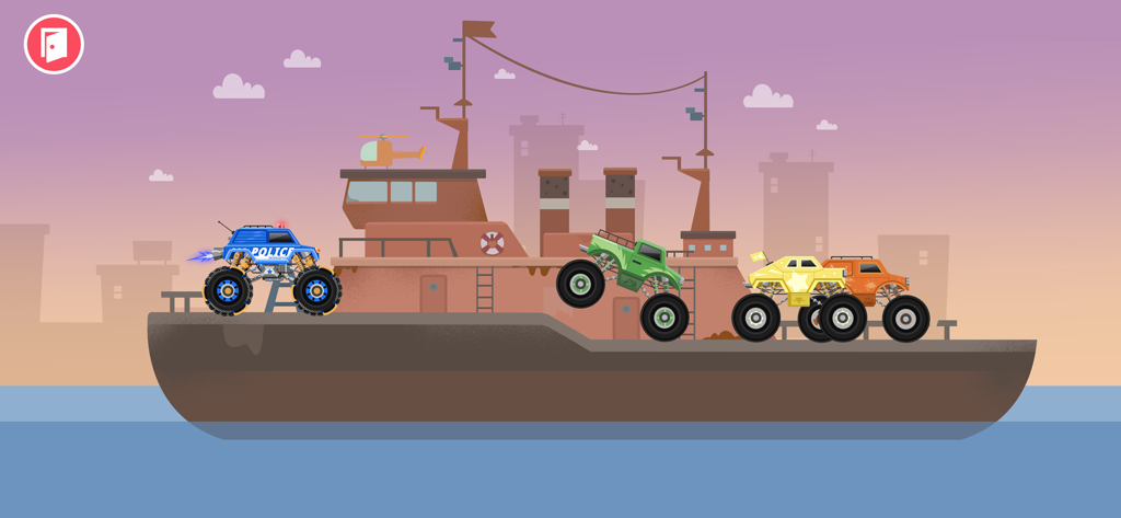 Monster Truck Games for kids - Four colorful monster trucks including a police truck racing on top of a large ship