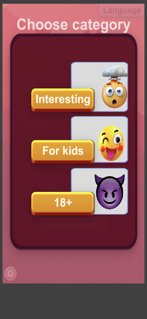 TOD Truth or Dare - Category selection screen for TOD Truth or Dare app with game modes for kids and adults
