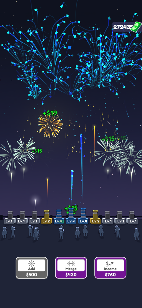 Fireworks Idle 3D - Interfaccia del gioco mobile Fireworks Idle 3D con fuochi d'artificio blu e dorati che esplodono sopra cannoni potenziabili e una folla che osserva.