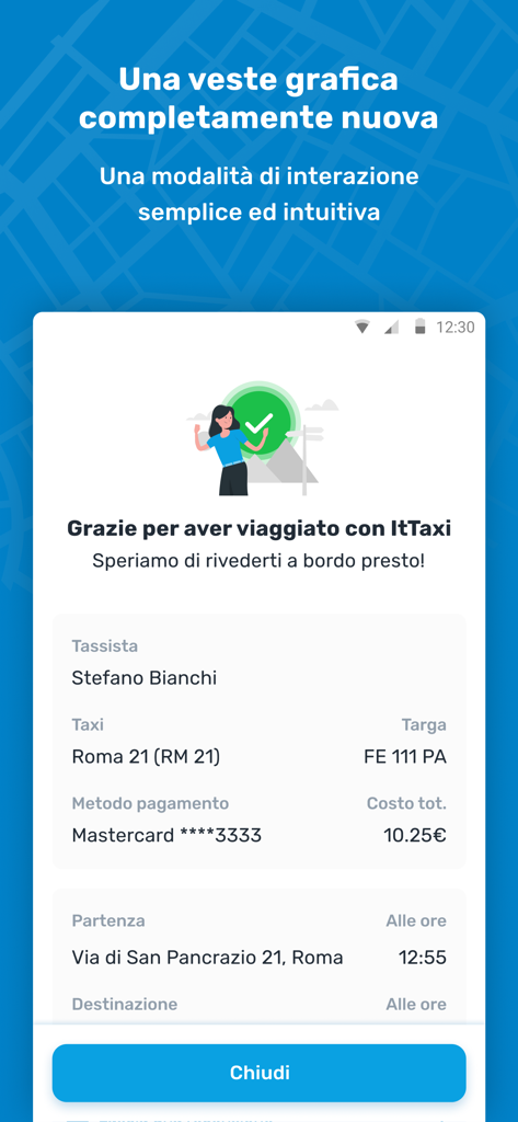 itTaxi - Um recibo digital no aplicativo itTaxi mostrando um resumo da corrida concluída em Roma com informações do motorista e detalhes de pagamento.