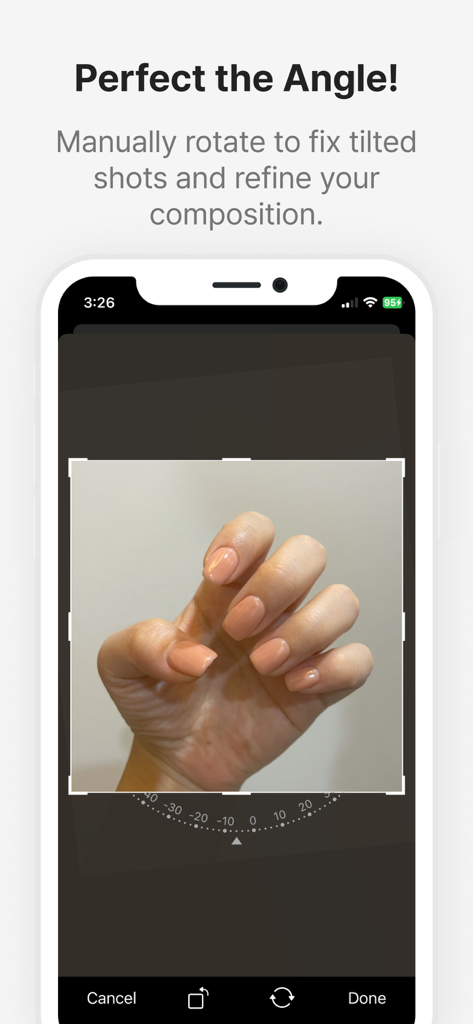 NailPick – AI for Nail Art - Interface of the NailPick app showing a manual rotation tool to fix the angle and composition of a peach nail art photo