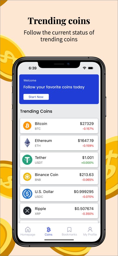 Crypto Newsアプリのインターフェースに、ビットコイン、イーサリアム、テザーの現在の価格とともに、トレンドのコインのリストが表示されています。