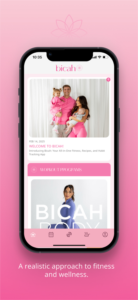Schermata principale dell'app Bicah che mostra programmi di allenamento e contenuti di benessere per uno stile di vita sano.